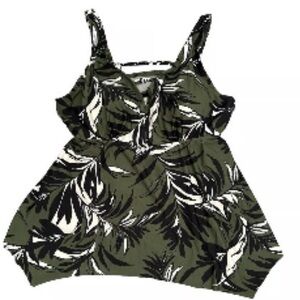 ⭐️Kona Sol Women's Green and Black Leaf Print Bathing Suit Tankini Top- Size 18W